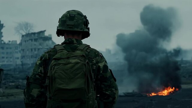 A soldier in a dirty uniform looks at destroyed burning houses. Amidst the smoldering ruins, the soldier's tattered uniform speaks of war's ravages, his expression unreadable.