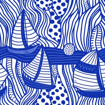 Coastal sail boat in azure ocean blue seamless background, Modern sailing race boat block print for decorative coast interior furnishing fabric . Rustic linen beach cottage trend tile. 