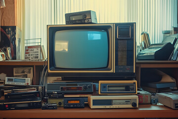 Displaying retro items like vintage TV, VHS tapes, cassettes, and old electronics on a wooden table creates a nostalgic ambiance with vintage charm