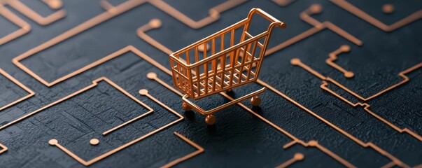 A miniature shopping cart rests on a circuit-like surface, symbolizing the fusion of e-commerce and technology.