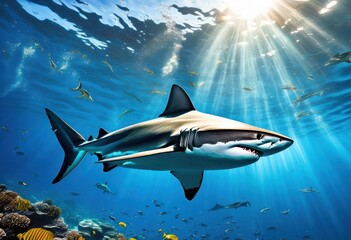 Fototapeta premium vibrant ocean scene featuring shark gliding swiftly through clear blue waters sunlight filtering through surface, marine, swimming, aquatic, creature, glide