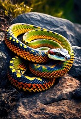Fototapeta premium vibrant close striking snake coiled rough textured rocks bright colors intricate patterns, reptile, wildlife, nature, scales, detailed, macro, outdoors