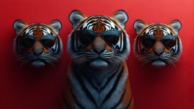 Three Cool Tigers Wearing Sunglasses - 3D Illustration