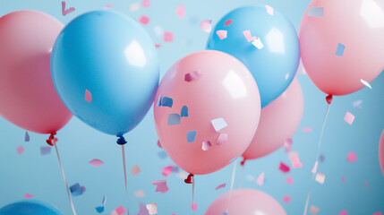 Bright blue and pink balloons float against a vibrant background with colorful confetti scattered