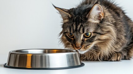 A curious cat gazes closely at a shiny food bowl, anticipating its next meal while sitting indoors