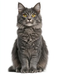 A majestic gray Maine Coon cat with fluffy fur and captivating yellow eyes strikes a regal pose