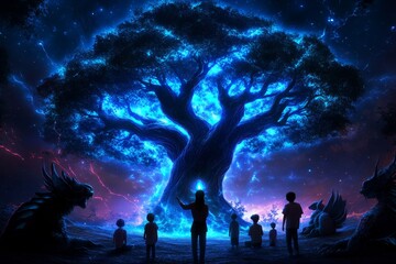 A teacher guiding students through a mystical forest, where the trees whisper knowledge and enchanted creatures assist with lessons