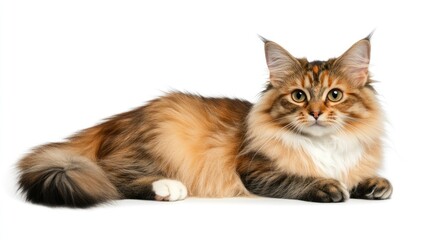 A fluffy, multicolored cat rests with a calm expression, showcasing a soft fur coat and vibrant eyes