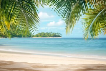 Fototapeta premium Sandy tropical beach with island on background