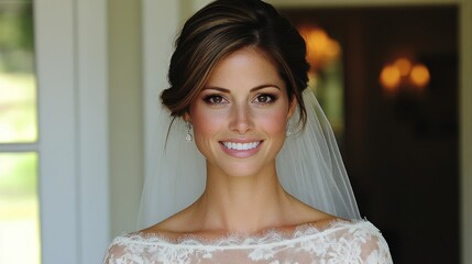 The bride exudes joy and elegance as she prepares for her special day in a bright indoor setting