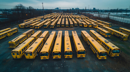 An American school bus yard with rows of buses parked and unused a result of school closures.
