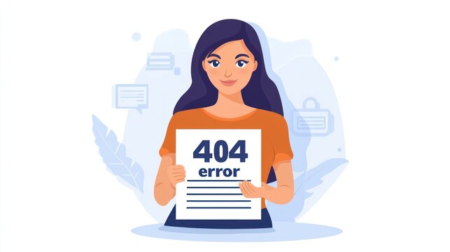 A young woman displays a sign labeled 404 error in a simple, modern design that suggests a technical issue - Powered by Adobe