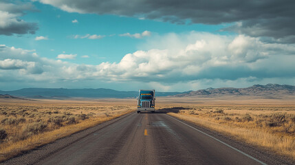Obraz premium A truck travels along an open highway surrounded by golden fields under a cloudy sky