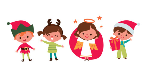 Cute children and Santa elves. Children in festive costumes. Baby angel.  Kids with christmas accessorizes and gifts.