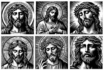Fototapeta premium Jesus Christ Savior Messiah Son of God detailed vector illustration of jesus christ in black and white