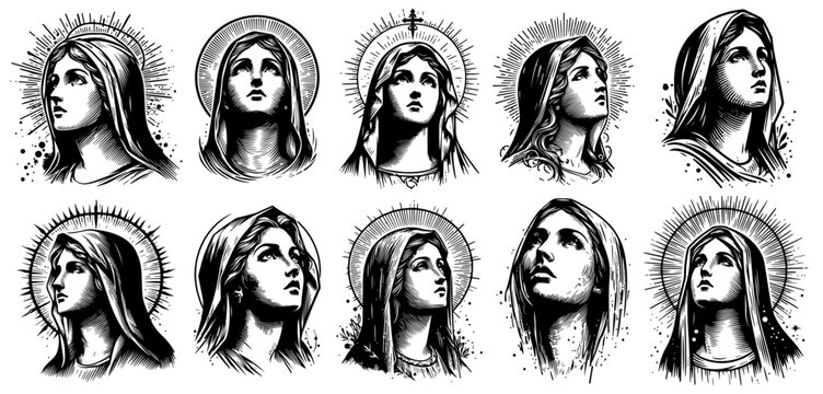 Our Lady Virgin Mary, artistic vector representation of mary in black and white collection