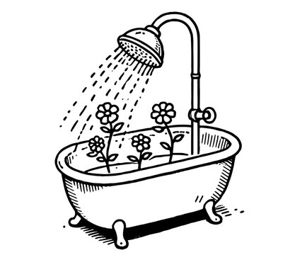 recommend clip art: playful doodle style bathtub with shower and flowers in black and white vector