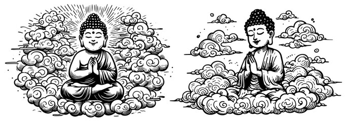 meditating buddha in clouds collection in black and white vector style