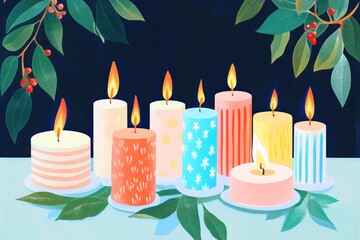 Illustration of festive candles for a holiday celebration against a dark backdrop featuring eight candles