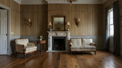 A antique oak floor and striped vinyl wallpaper adorn an empty living room.