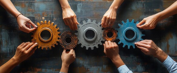 Business people joining gears