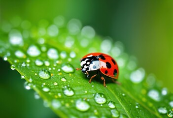 Fototapeta premium close view colorful ladybug resting lush green leaves capturing beauty, insect, beetle, macro, wildlife, garden, flora, detail, outdoor, small, critter