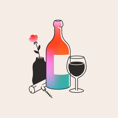 Wine bottle with a glass and corkscrew. Dinner, romantic date, wine tasting concept. Illustration of alcohol, beverage for bar menu, winery. Gradient design. Isolated minimal flat vector