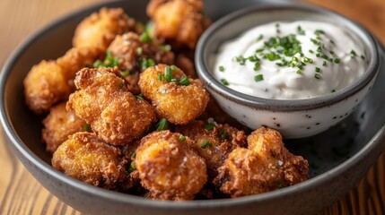 Crispy fried mushrooms served with a creamy sour cream and chive dip.