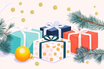 Coloring book illustration of festive spirit with elegantly packaged gifts luxurious ornaments snowflakes and golden sequins on a soft beige backdrop featuring space for greetings or promotional me