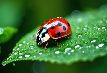 Obraz premium close capture vibrant ladybug perching dewy leaf glimmering water droplets nature enthusiasts, plant, red, black, green, insect, foliage, macro, beautiful