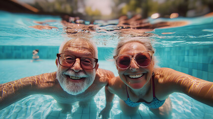 Happy senior couple having fun in the swimming pool. Retirement lifestyle and people concept.
