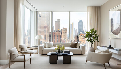 Modern minimalist living room with large windows
