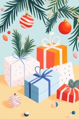 Coloring book illustration of decorative holiday toys and gift packages Celebrate winter festivities with festive ornaments and boxes for presents