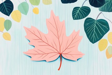 Illustration of an autumn maple leaf on a rustic wooden surface with ample space for coloring