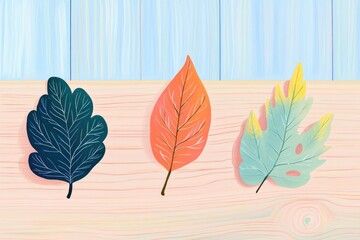 Fototapeta premium Illustration of Three Colorful Autumn Leaves on a Wooden Surface