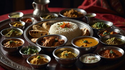 A still life of a traditional Indian thali, featuring a variety of dishes like biryani, curry, naan, and rasam