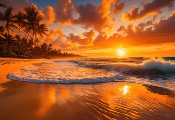 vibrant colorful beach scenes featuring lush bright sun kissed sunsets tropical foliage awash shimmering light, sand, water, waves, sky, clouds, rock