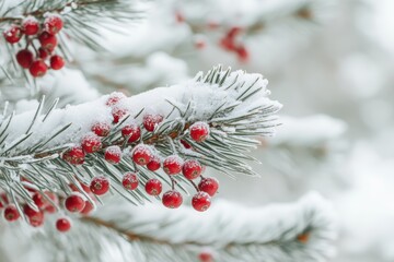 Snow-covered pine branch with red berries in a wintery Christmas scene.