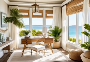 peaceful coastal home office environment featuring natural stylish inviting atmosphere, beach, ocean, palm, greenery, nature, landscape, water, decor