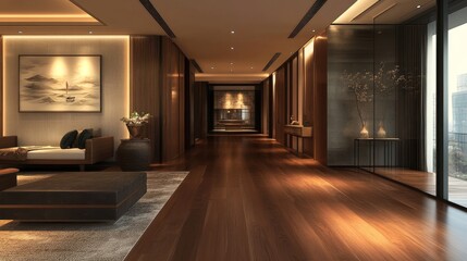 The interior design involves planning and using materials like laminate and real wood for the floors and walls.