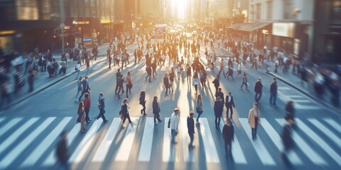 Aerial view of a crowd walking on a zebra crossing street, with motion blur of people in the city center People in business attire and casual walk across the road at pedestrian crosswalk Generative AI
