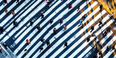 Obraz premium aerial view of an urban pedestrian crossing, with people in motion blur walking across the stripes Generative AI