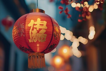 Traditional Red Lantern with Golden Characters at Night