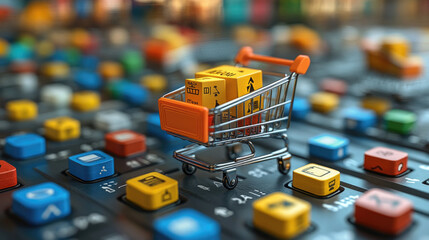 A small shopping cart loaded with vibrant boxes sits on a colorful keyboard, symbolizing the excitement of online shopping