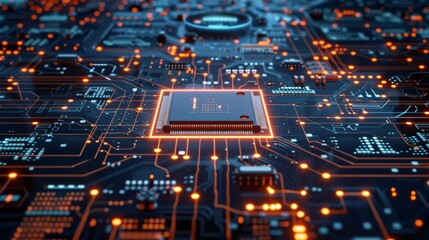 Obraz premium Close-Up of Microprocessor on Glowing Circuit Board
