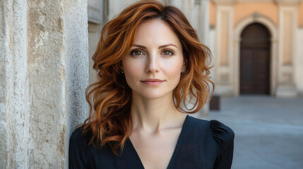 Fototapeta premium A woman poses elegantly outdoors, showcasing her wavy auburn hair while standing against an ancient stone structure in soft daylight