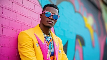 Fototapeta premium Vibrant Street Fashion Portrait: Young Man in Yellow and Pink Urban Outfit with Sunglasses