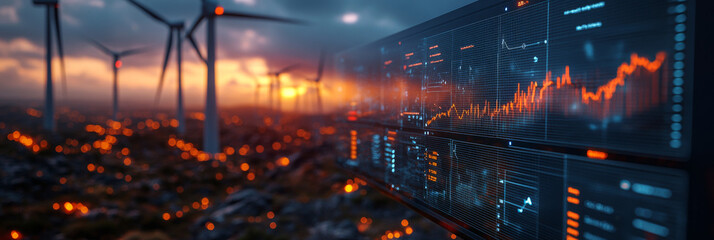 Fototapeta premium A close-up of a screen displaying data and graphs with wind turbines in the background.