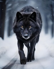 a black wolf walking in snowy weather