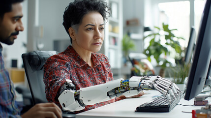 Woman with robotic prosthetic arm collaborating in a professional workspace, deeply engaged in her work, symbolizing innovation and technological integration in the office